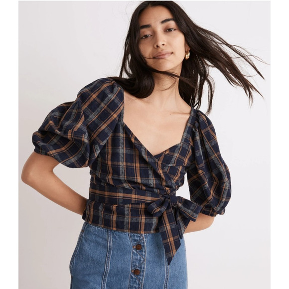 Madewell Sweetheart Wrap Top Plaid Tartan Puff Sleeve Blouse Cotton NG875 XS NWT - Picture 2 of 16